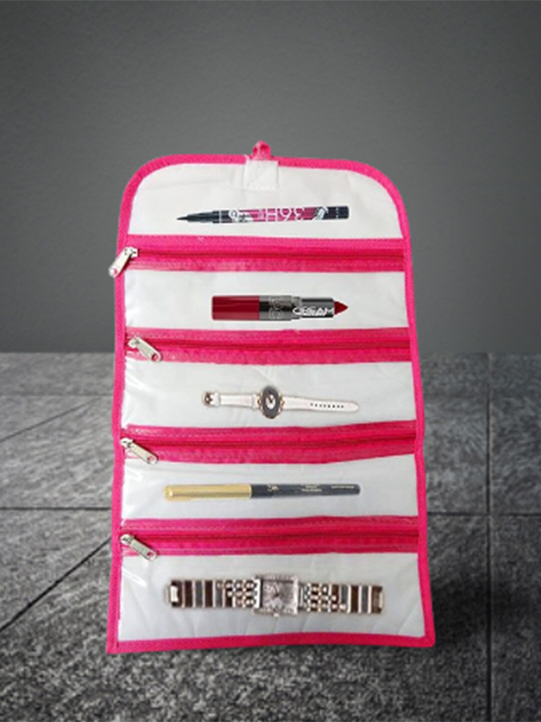 atorakushon Set Of 2 Pink & White Printed Jewellery Makeup Bag Storage Organisers Price in India