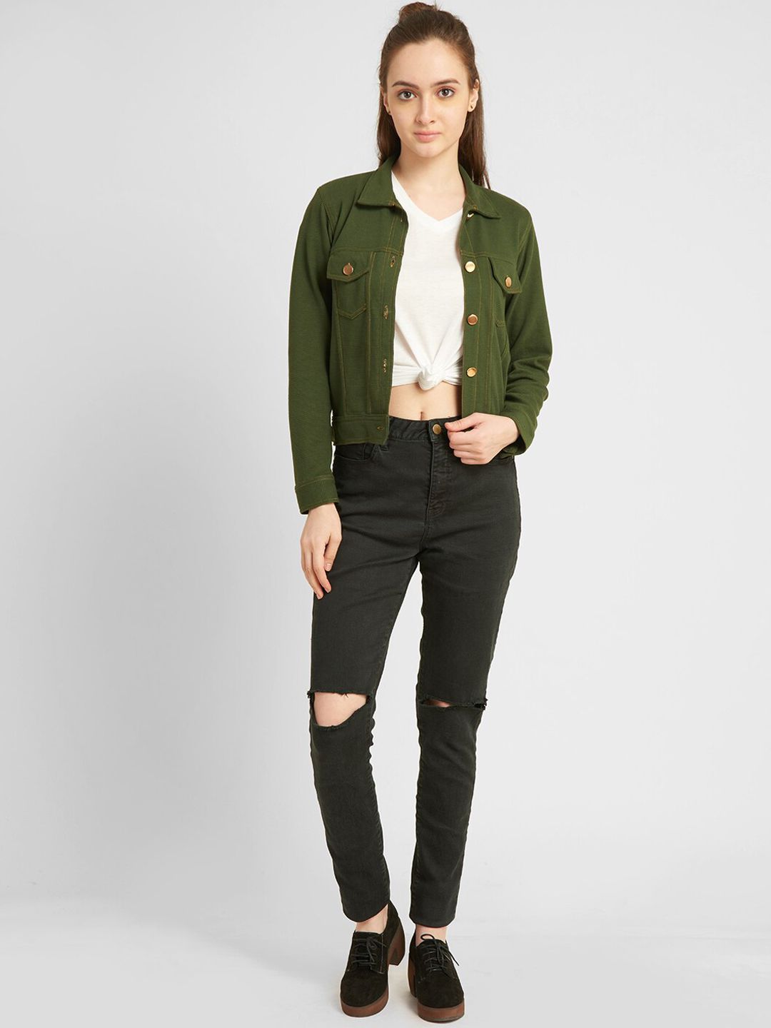 aturabi Women Olive Green Tailored Jacket with Patchwork Price in India