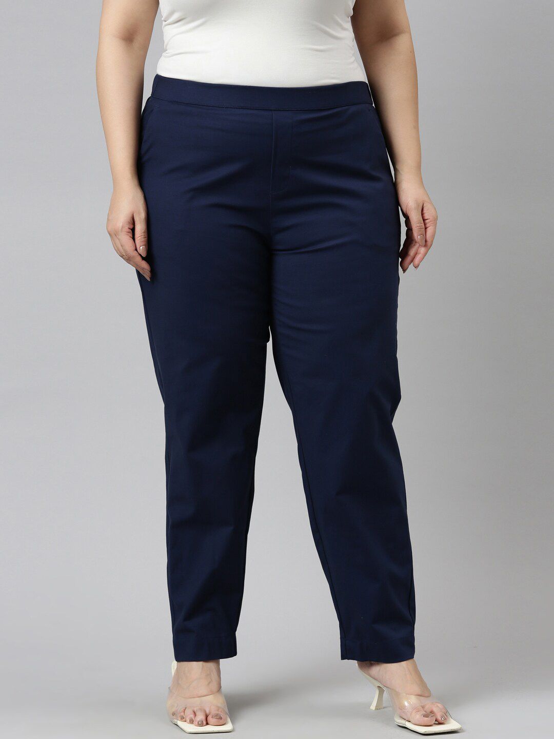 Go Colors Women Navy Blue Easy Wash Chinos Trousers Plus Size Price in India