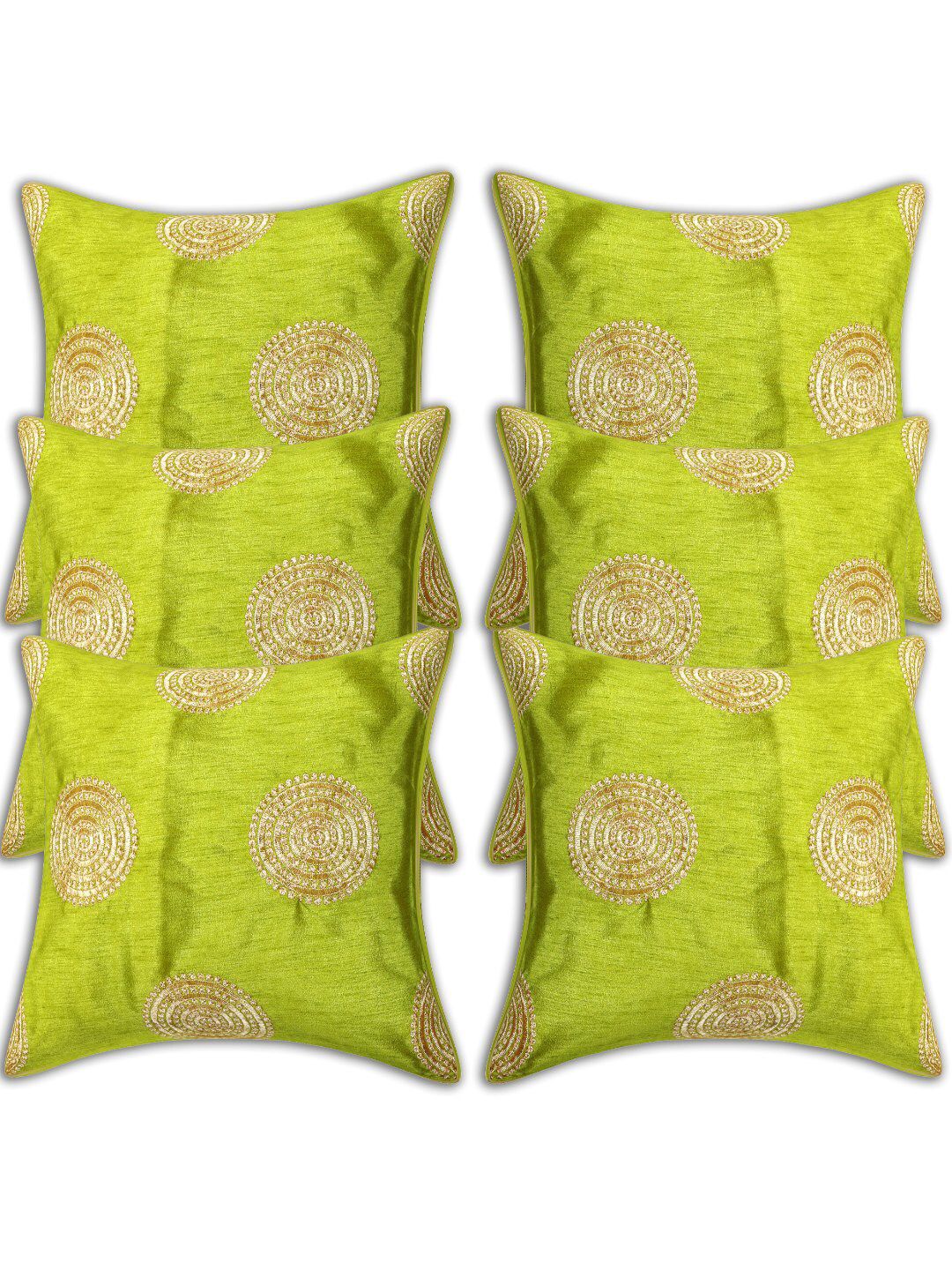INDHOME LIFE Green & Gold-Toned Set of 6 Embroidered Square Cushion Covers Price in India