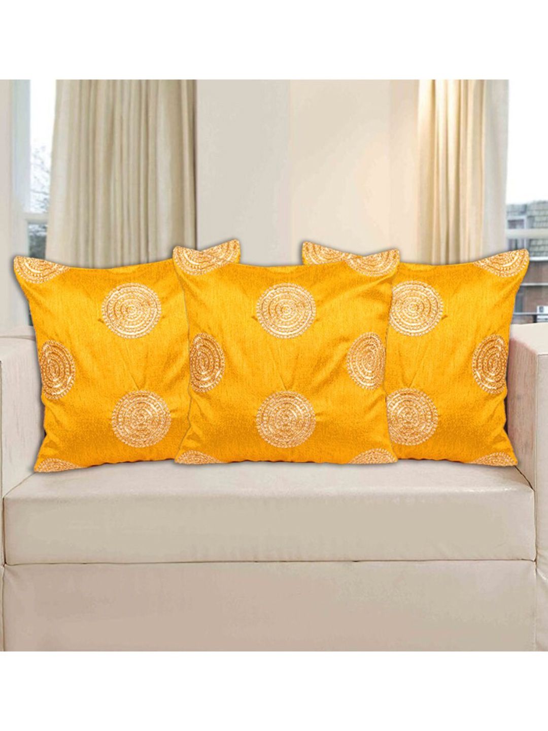 INDHOME LIFE Yellow & Gold-Toned Set of 3 Embroidered Square Cushion Covers Price in India