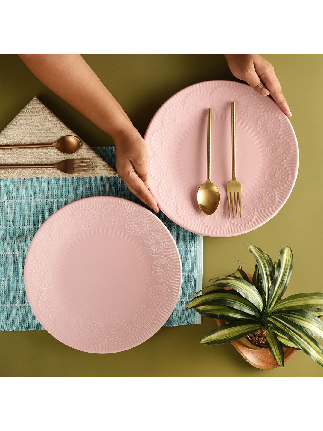 The Decor Mart Pink & 2 Pieces Textured Ceramic Matte Plates Price in India