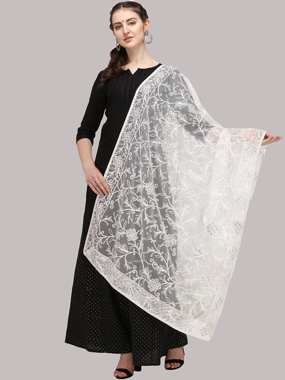 DEETYA ARTS White & Grey Ethnic Motifs Embroidered Dupatta with Thread Work