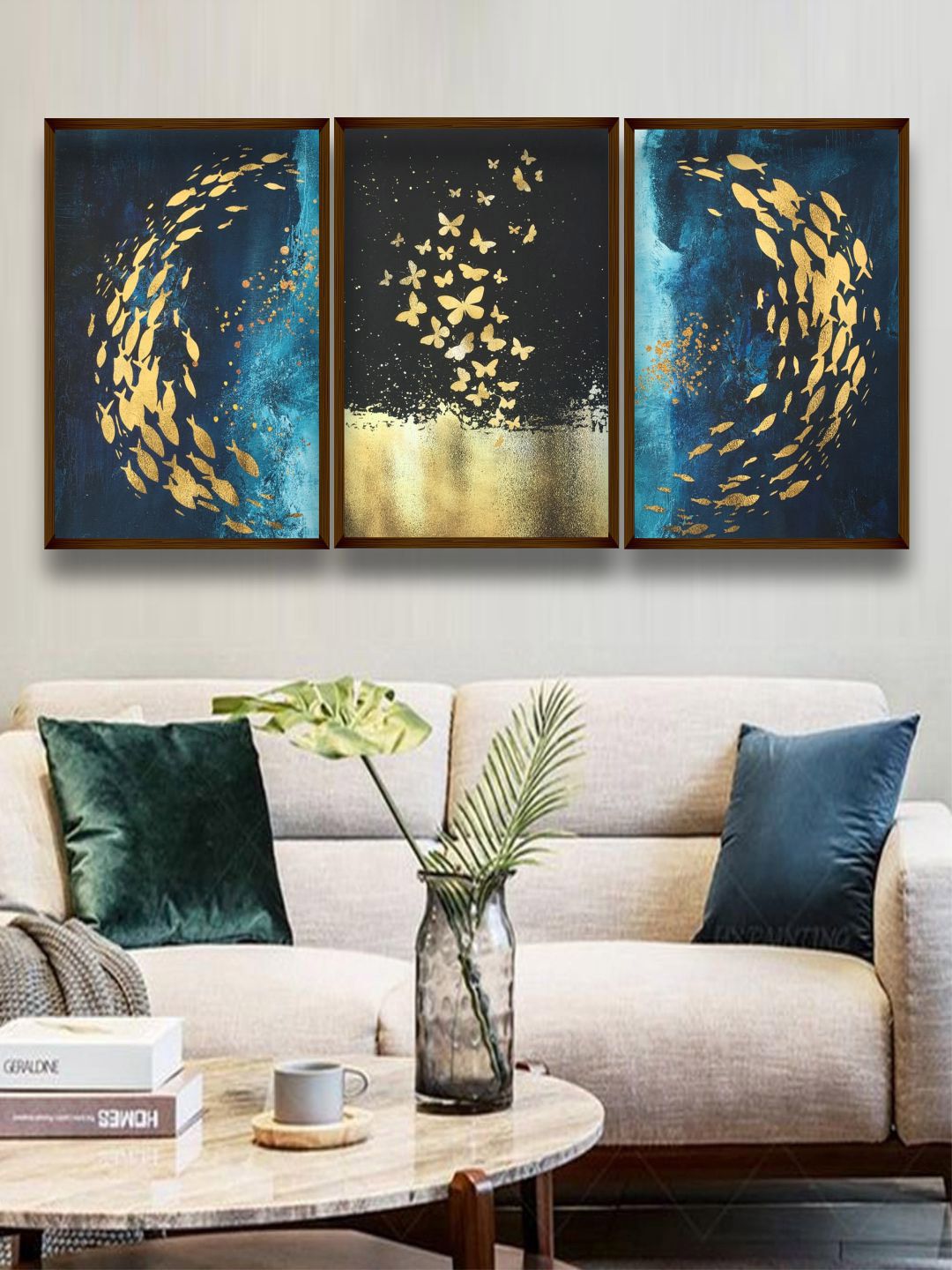 The Art House Set Of 3 Blue & Gold-Coloured Abstract Painting Wall Art Price in India