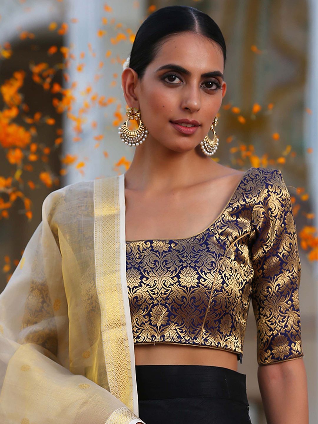 Triyah Women Gold Colored Woven Design Brocade Saree Blouse Price in India
