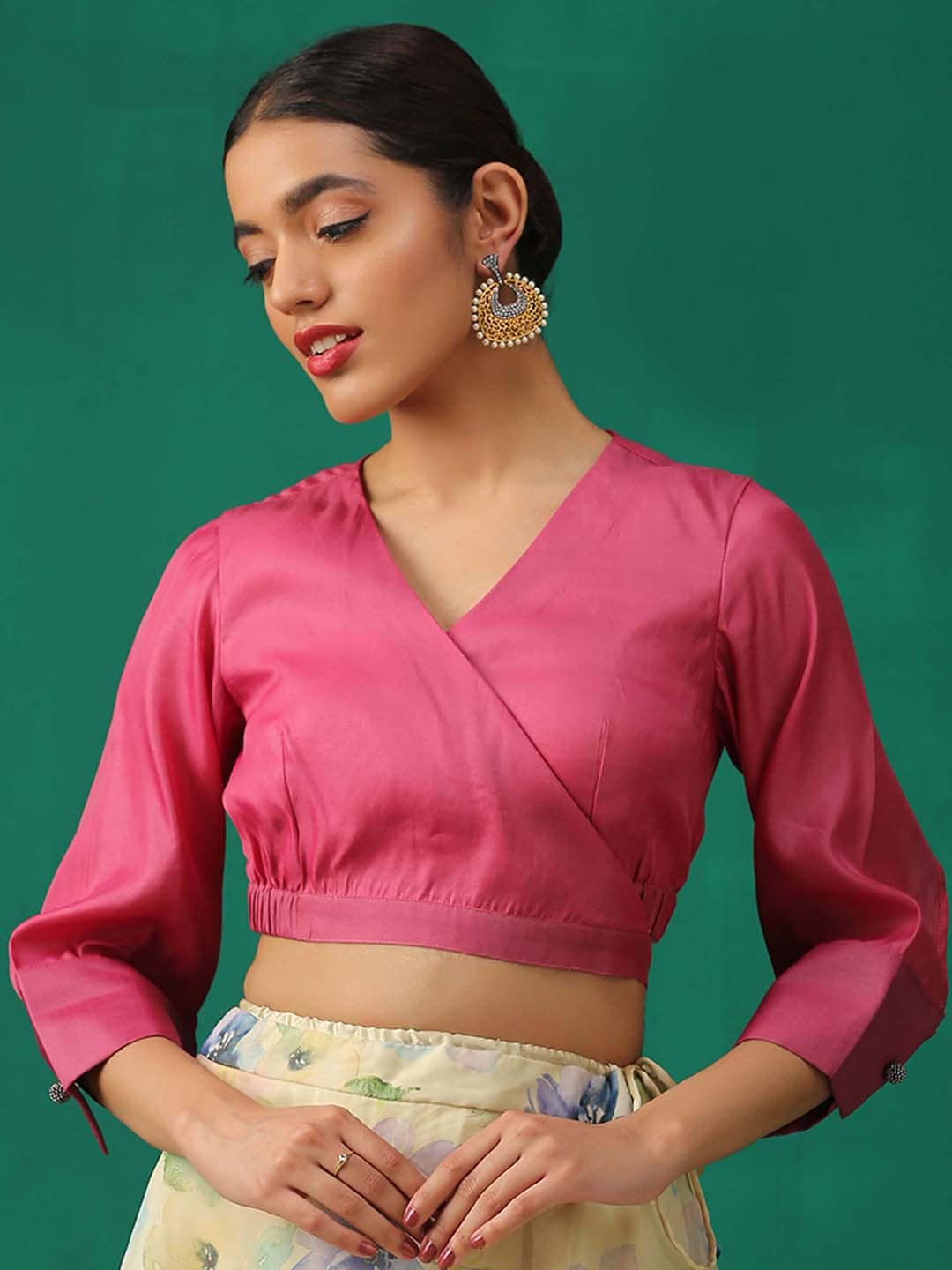 Triyah Women Pink Solid Wrap Saree Blouse Price in India