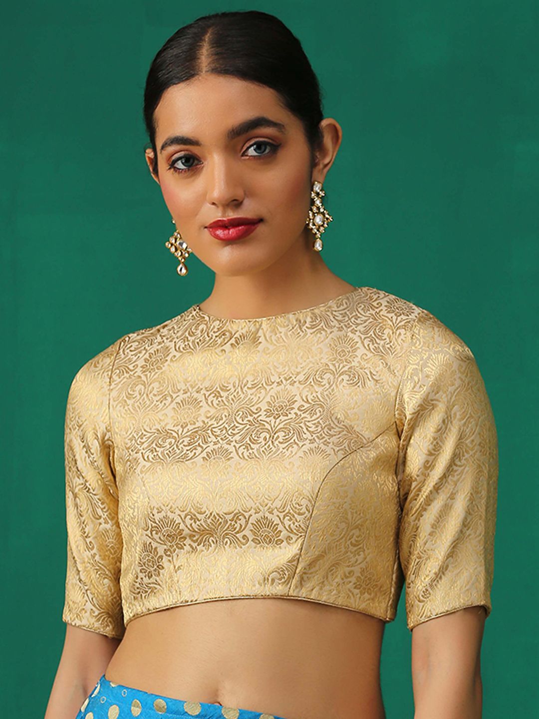 Triyah Women Golden Printed Woven Design Saree Blouse Price in India