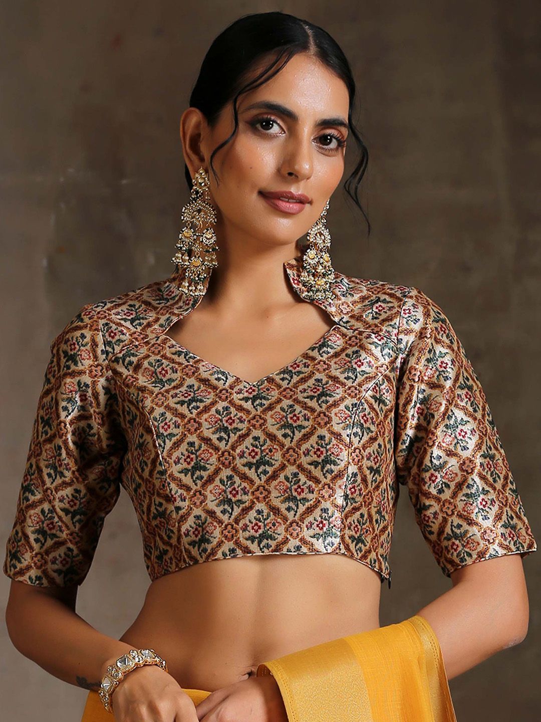 Triyah Cream Cross Stitch Printed Saree Blouse Price in India