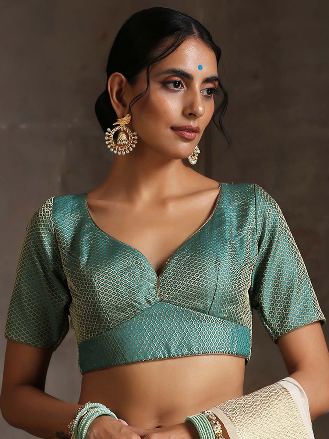 Triyah Green & Golden Woven-Design  Jacquard Saree Blouse Price in India