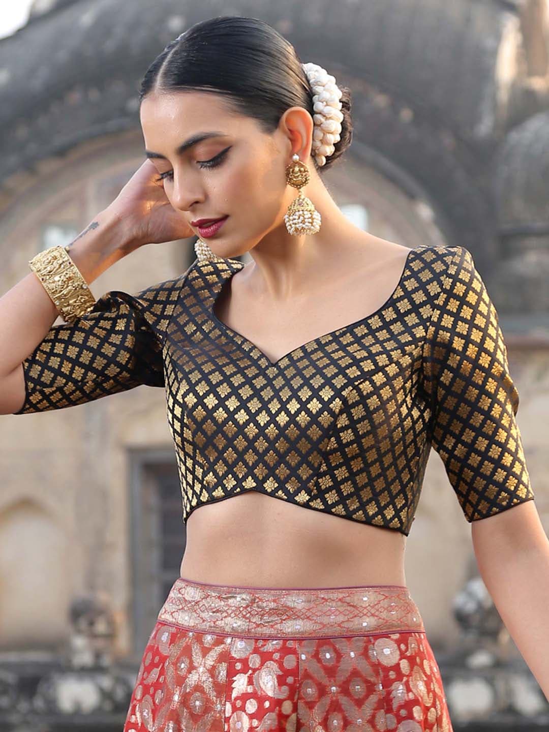 Triyah Black & Golden Woven-Design  Brocade Saree Blouse Price in India