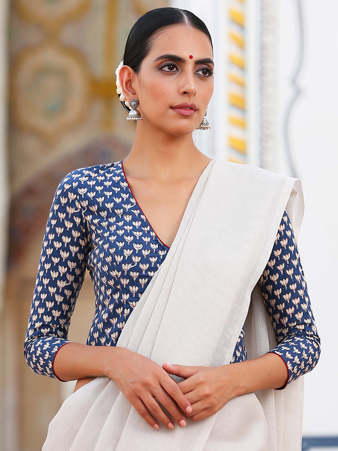 Triyah Blue & White Printed Cotton Saree Blouse Price in India