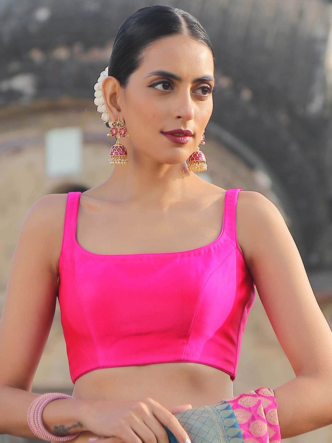 Triyah Fuchsia-Pink Solid Saree Blouse Price in India