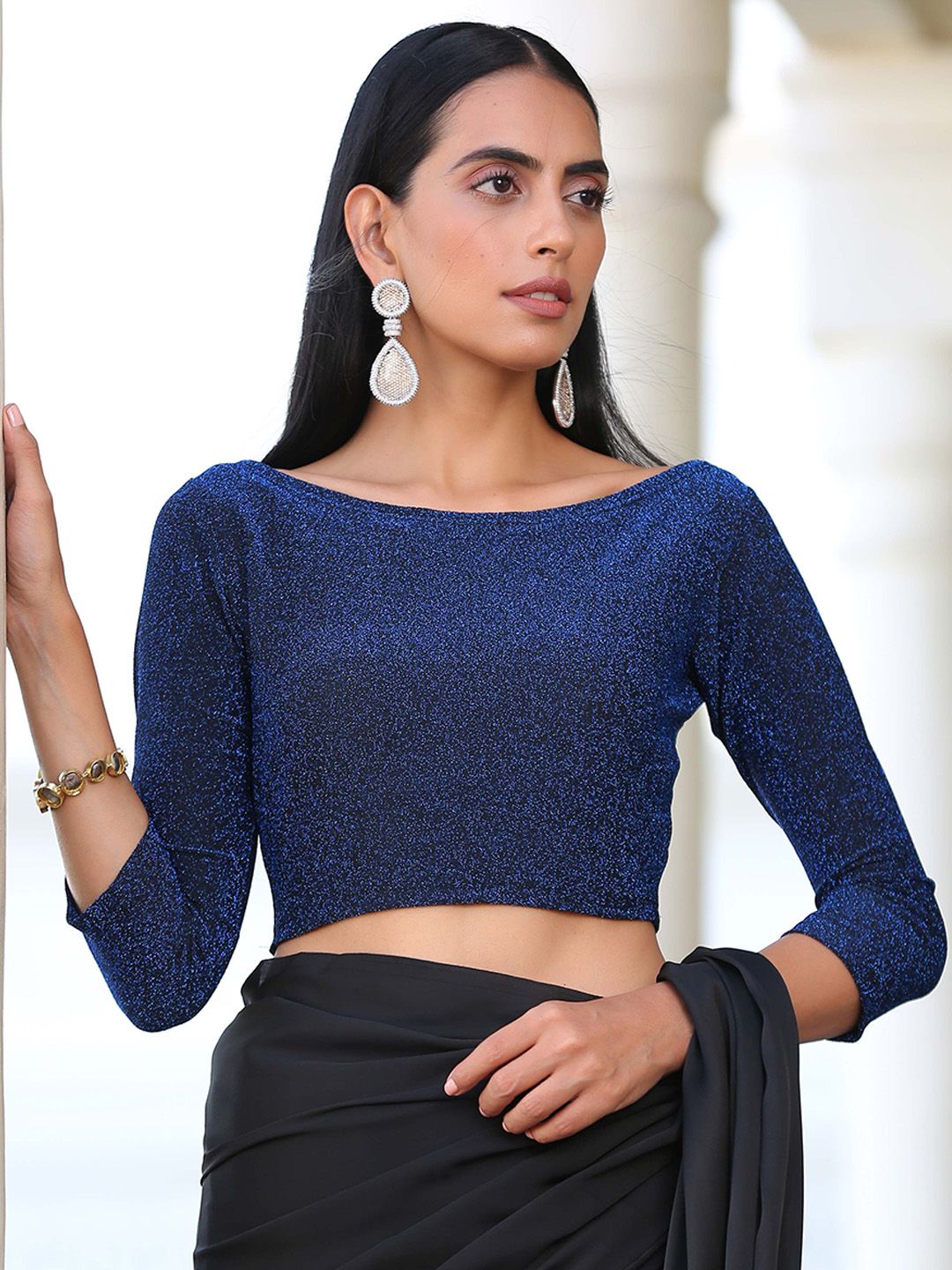 Triyah Navy Blue Solid Saree Blouse Price in India