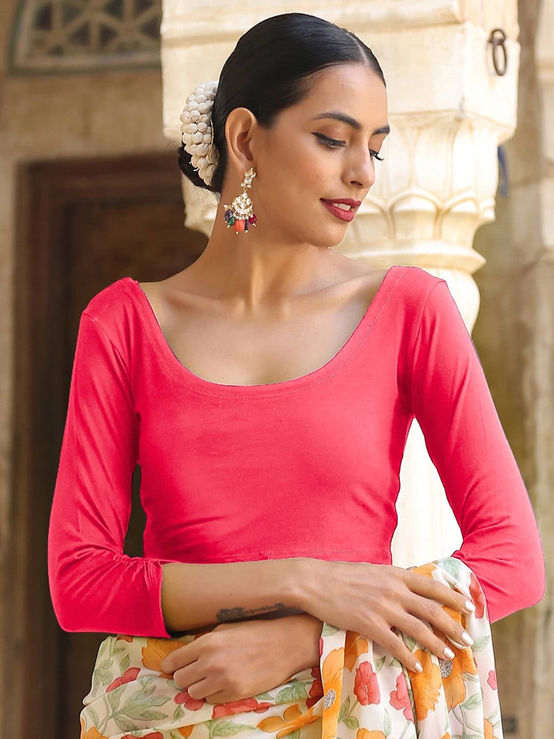 Triyah Coral-Pink Solid Saree Blouse Price in India