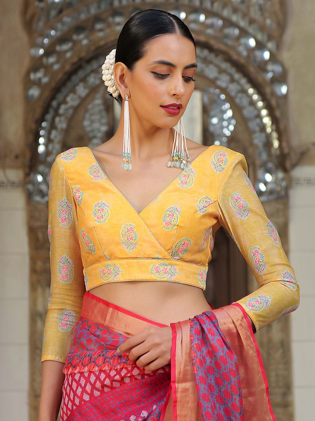 Triyah Women Yellow & Green Printed Readymade Saree Blouse Price in India