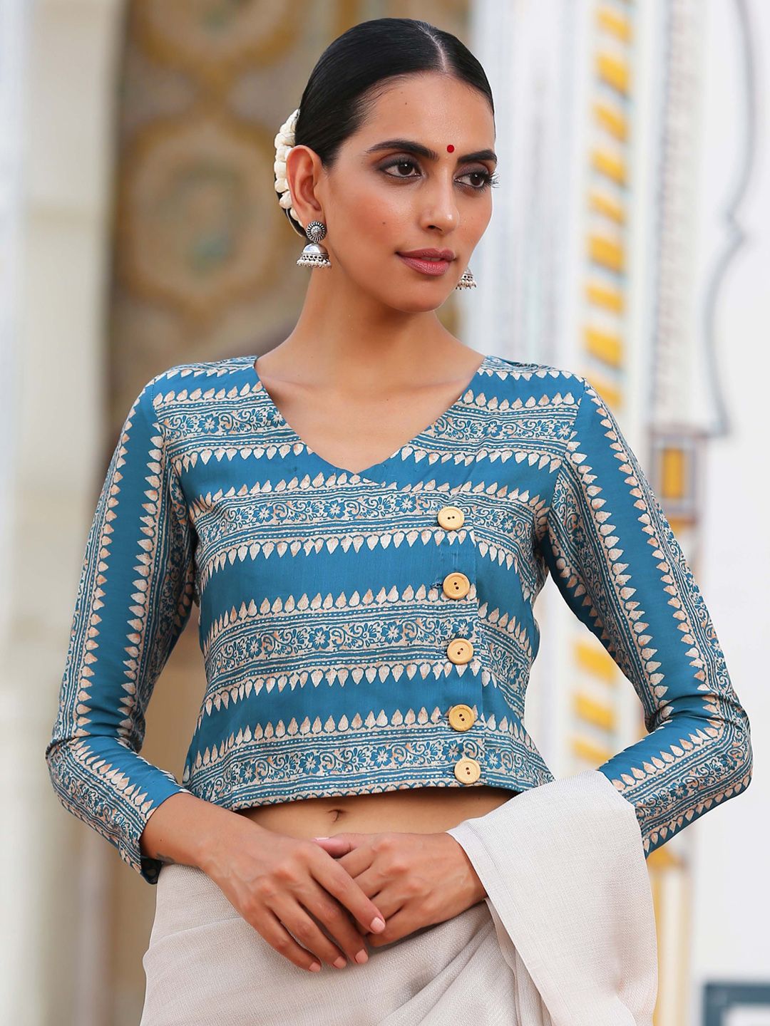 Triyah Women Blue Printed Angrakha Saree Blouse Price in India