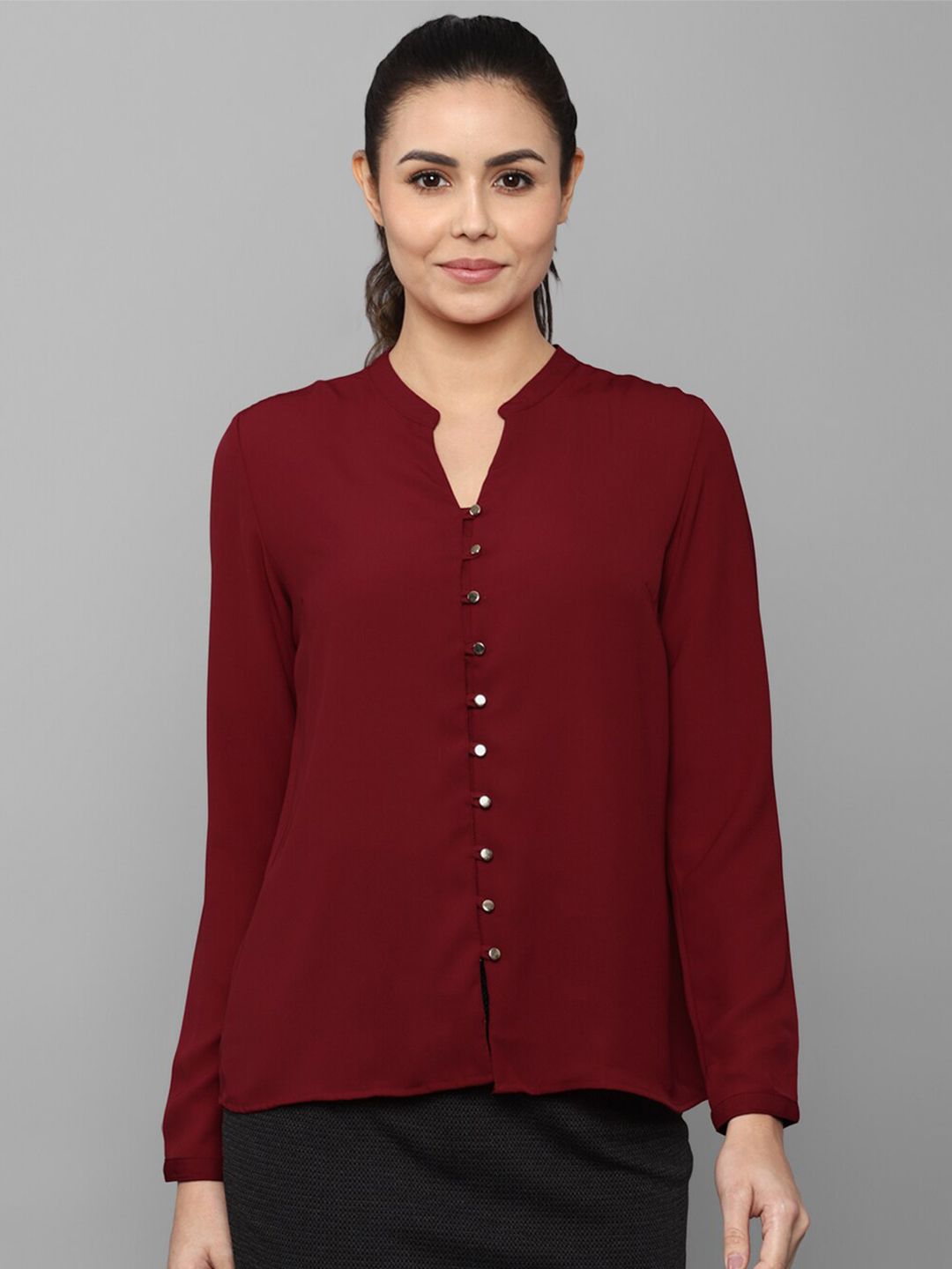 Allen Solly Woman Maroon Mandarin Collar Shirt Style Top