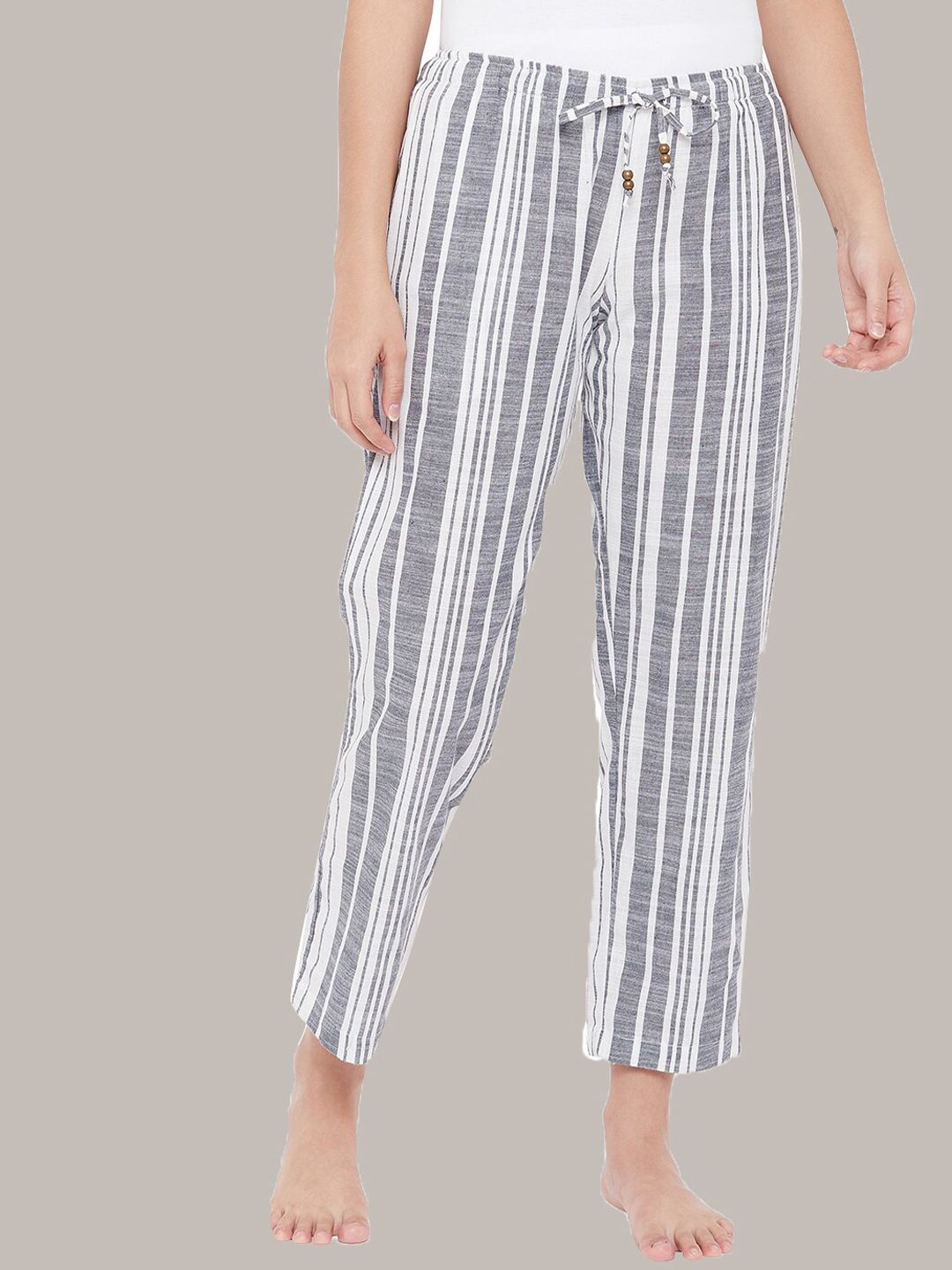 Style Shoes Women's Grey & White Striped Cotton Lounge Pants Price in India