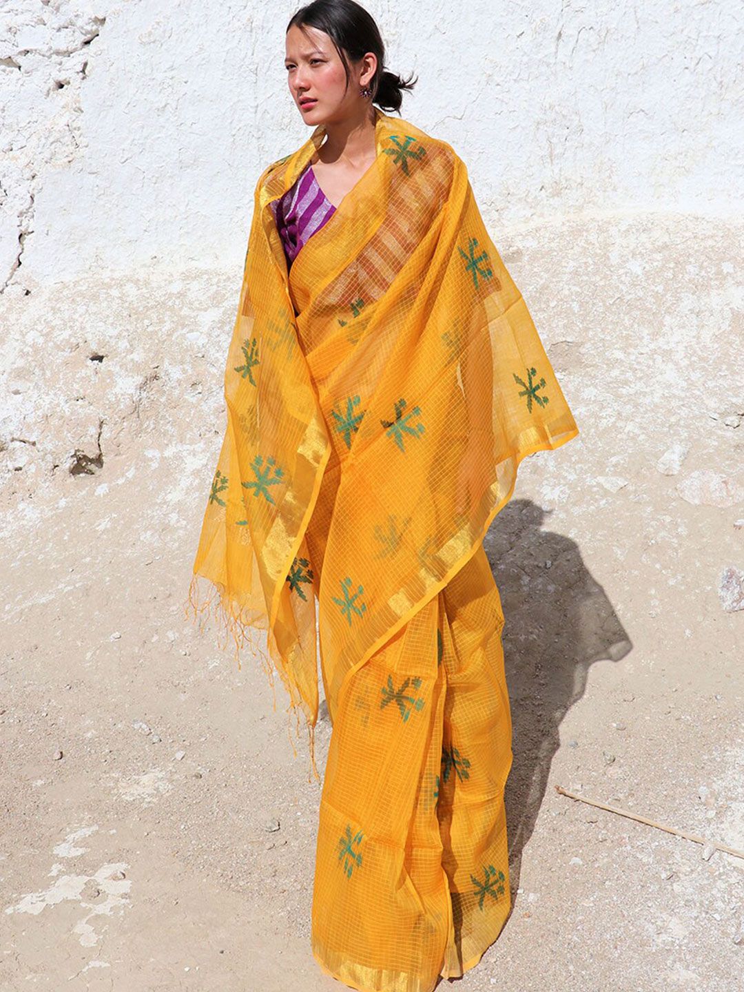 Chidiyaa Yellow & Green Floral Zari Pure Silk Saree Price in India