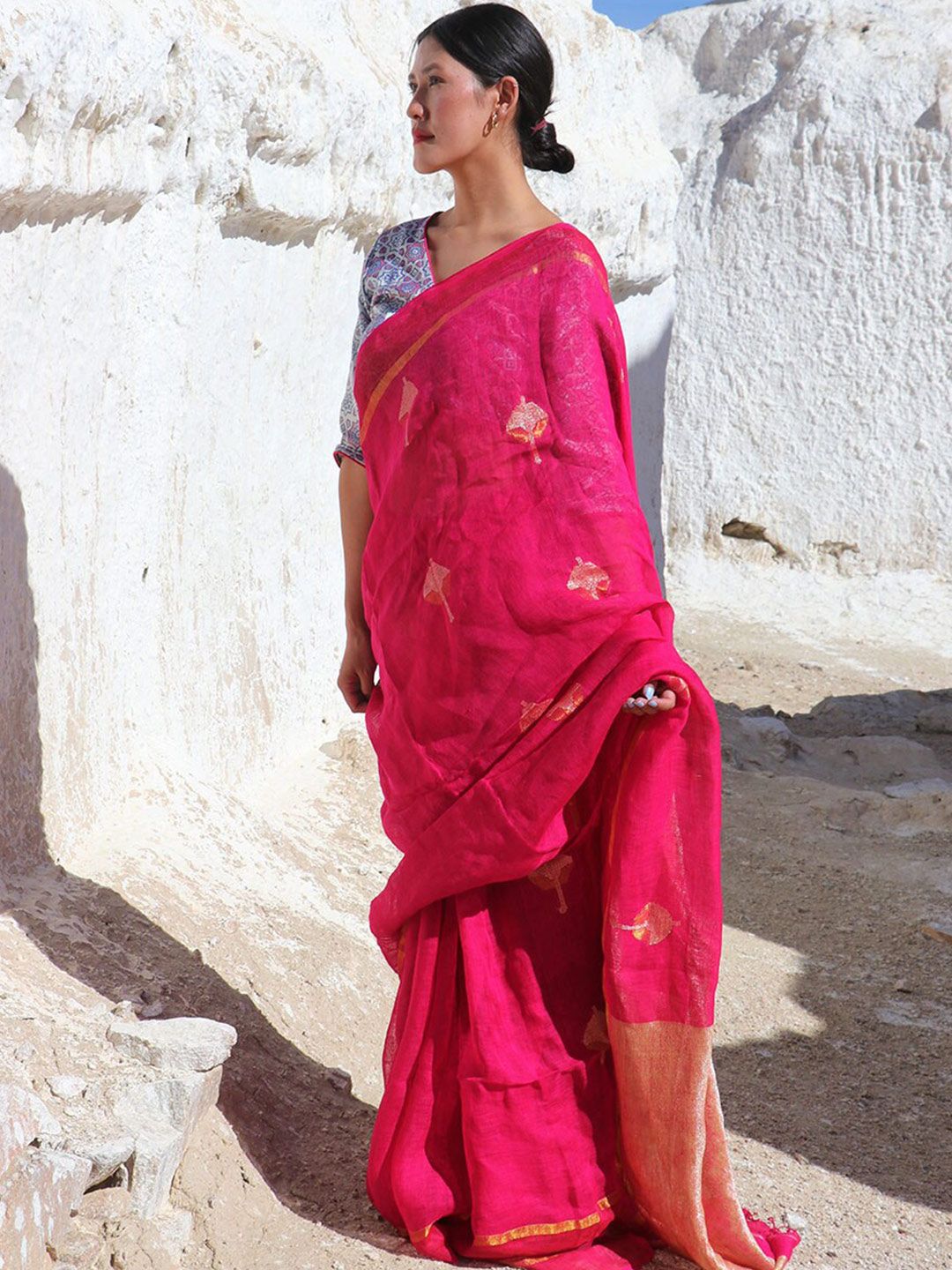 Chidiyaa Pink & Orange Ethnic Motifs Pure Linen Saree Price in India