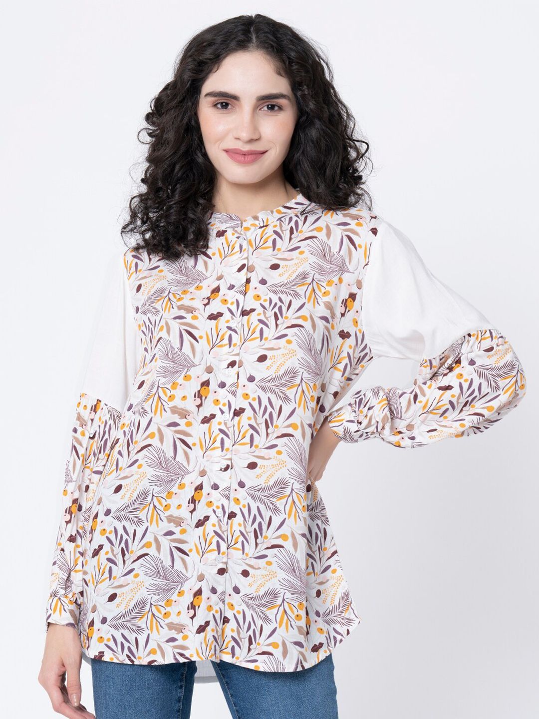 Mode by Red Tape White Floral Print Mandarin Collar Top Price in India