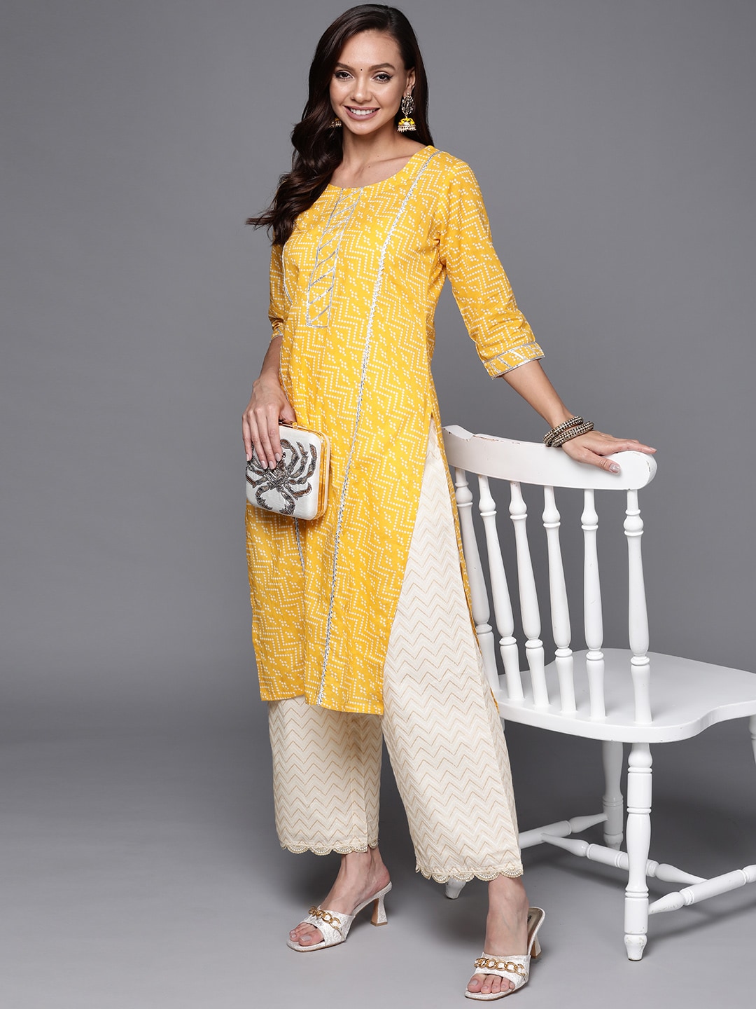 Libas Women Cream-Coloured Printed Knitted Ethnic Palazzos Price in India