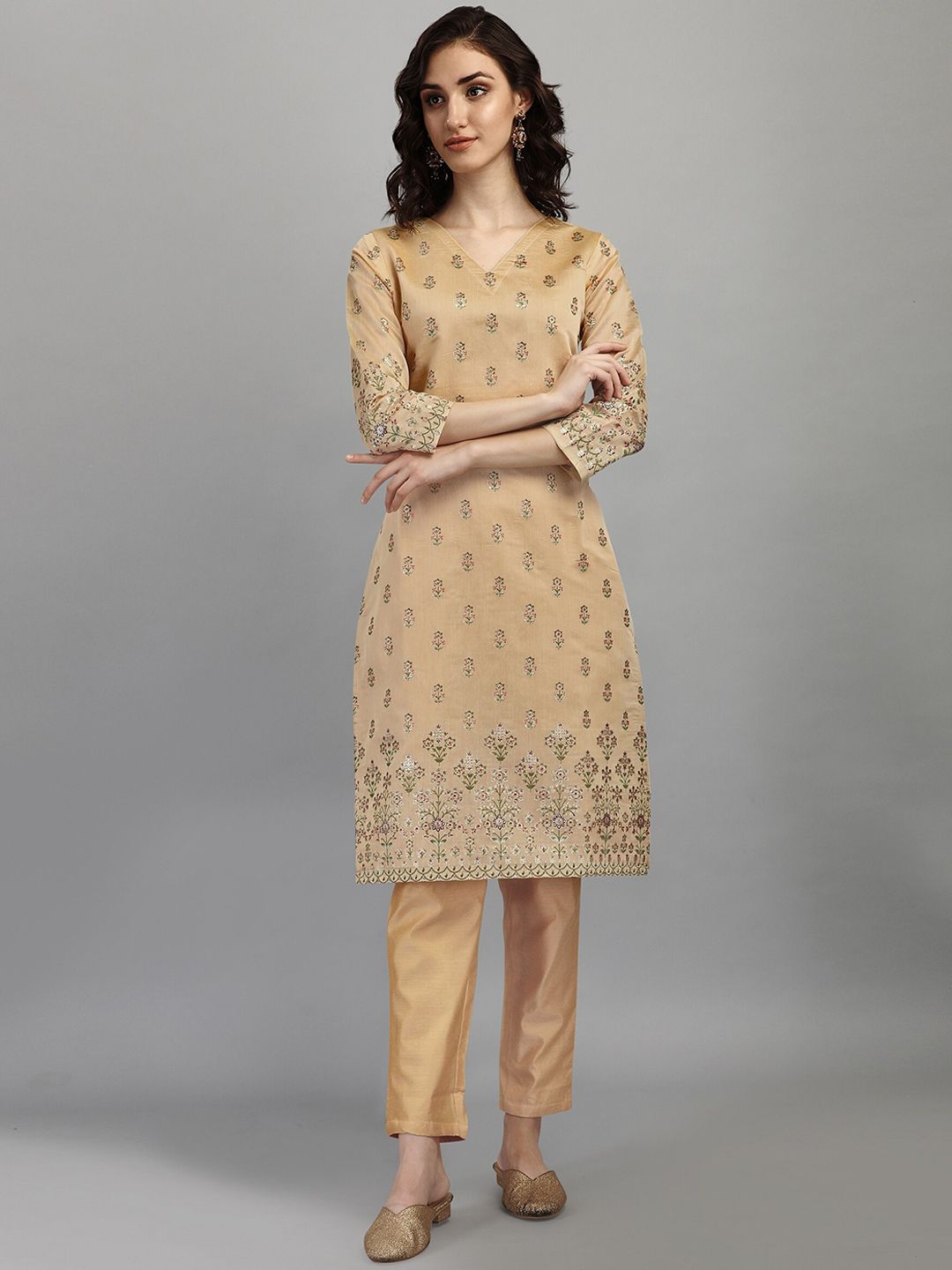 RAJGRANTH Women Beige Ethnic Motifs Printed Chanderi Silk Kurta with Trousers Price in India