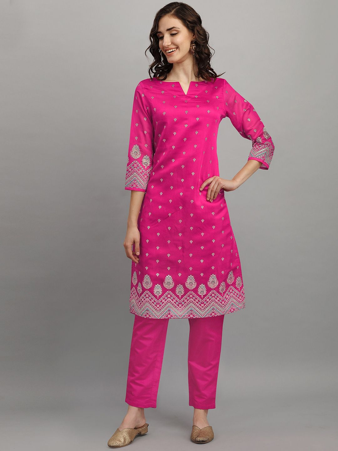 RAJGRANTH Women Pink Ethnic Motifs Printed Chanderi Silk Kurta with Trousers Price in India