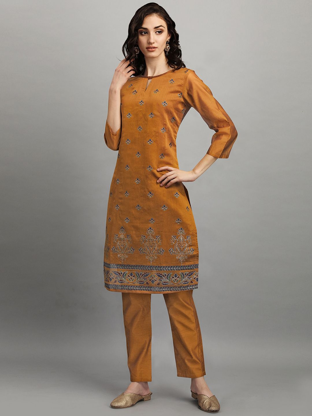 RAJGRANTH Women Brown Ethnic Motifs Printed Chanderi Silk Kurta with Trousers Price in India