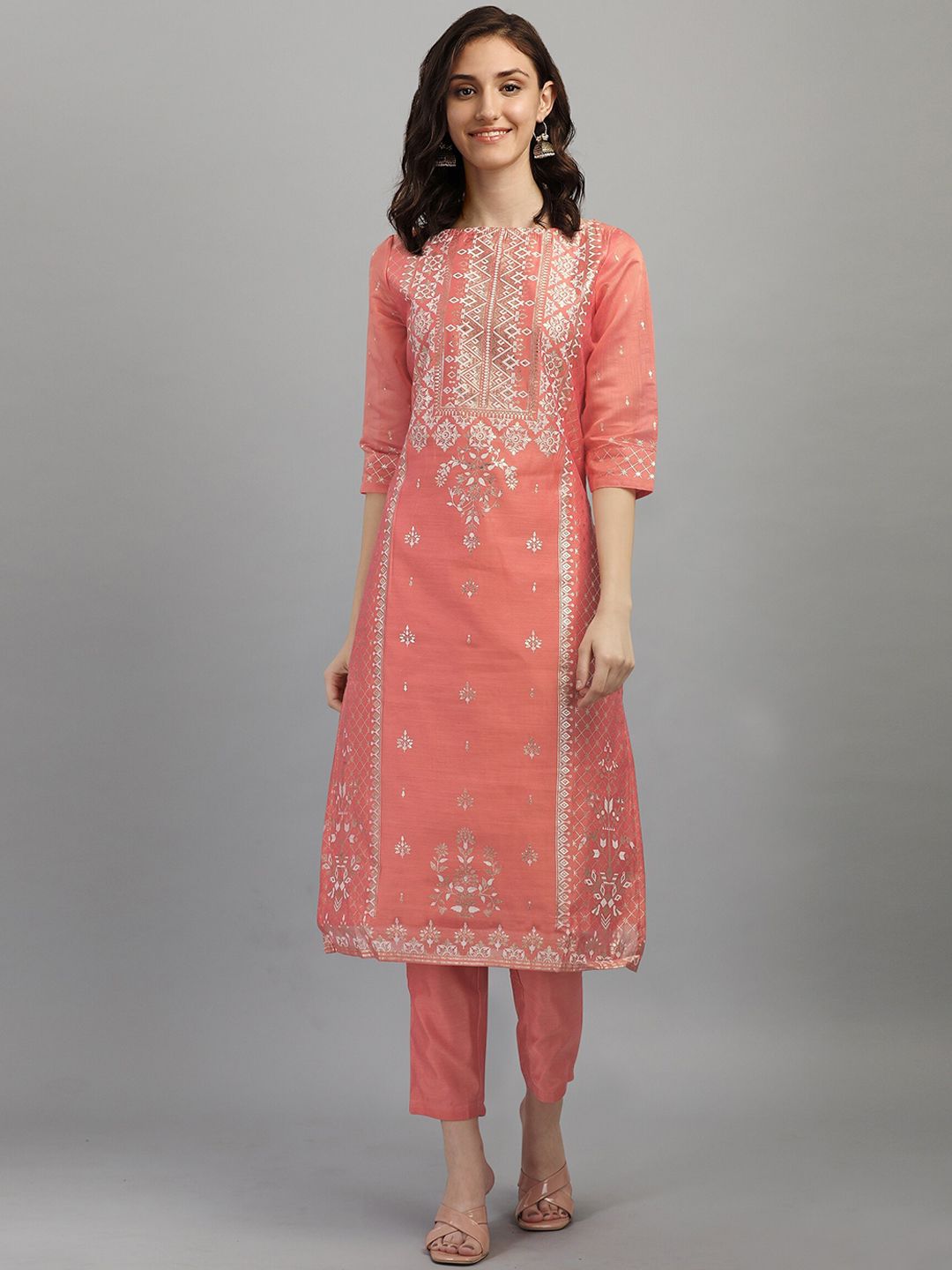 RAJGRANTH Women Red Ethnic Motifs Printed Chanderi Silk Kurta with Trousers Price in India