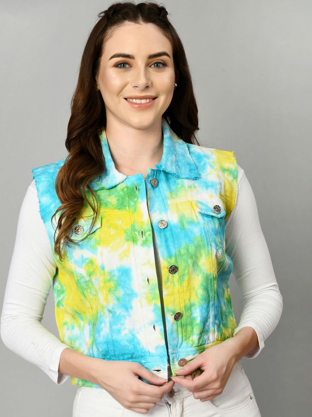 IUGA Women Multicoloured Floral Crop Denim Jacket Price in India