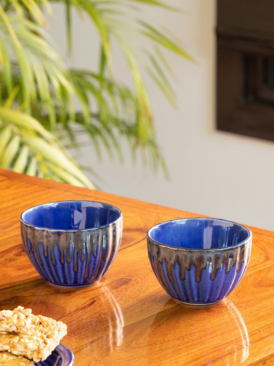 ExclusiveLane Teal & Grey 2 Pieces Handcrafted Ceramic Glossy Bowls Price in India