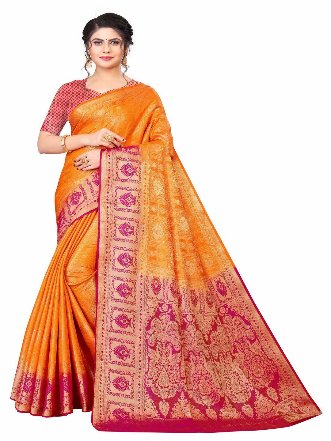 MOKSHA DESIGNS Orange & Pink Woven Design Zari Pure Silk Banarasi Saree Price in India