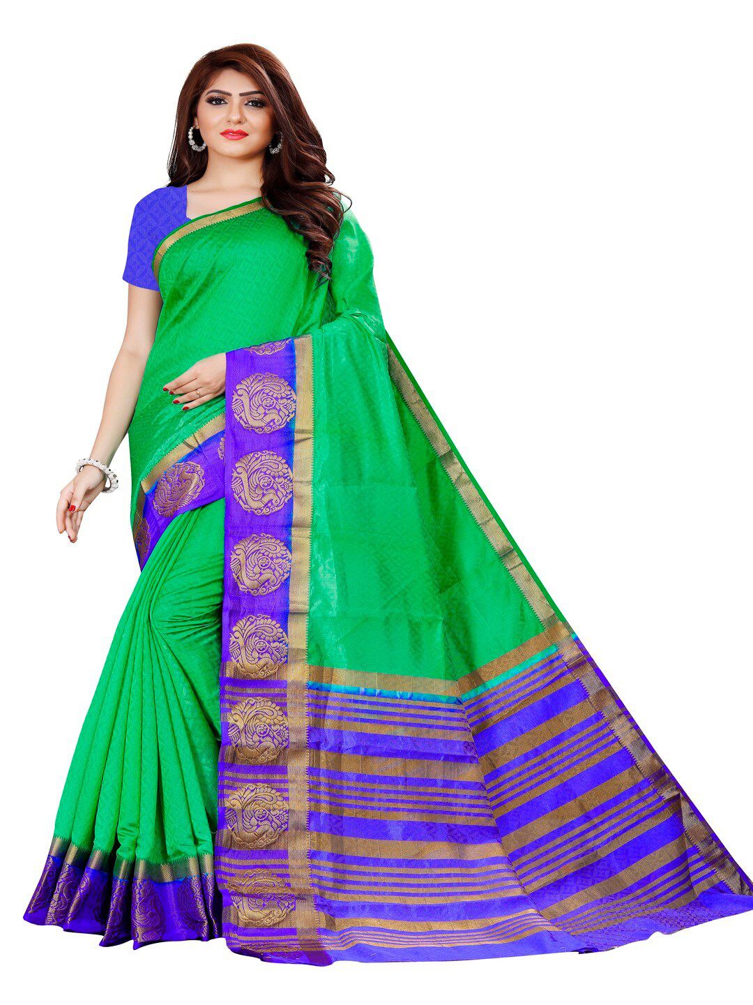 MOKSHA DESIGNS Green & Violet Woven Design Zari Pure Silk Banarasi Saree Price in India