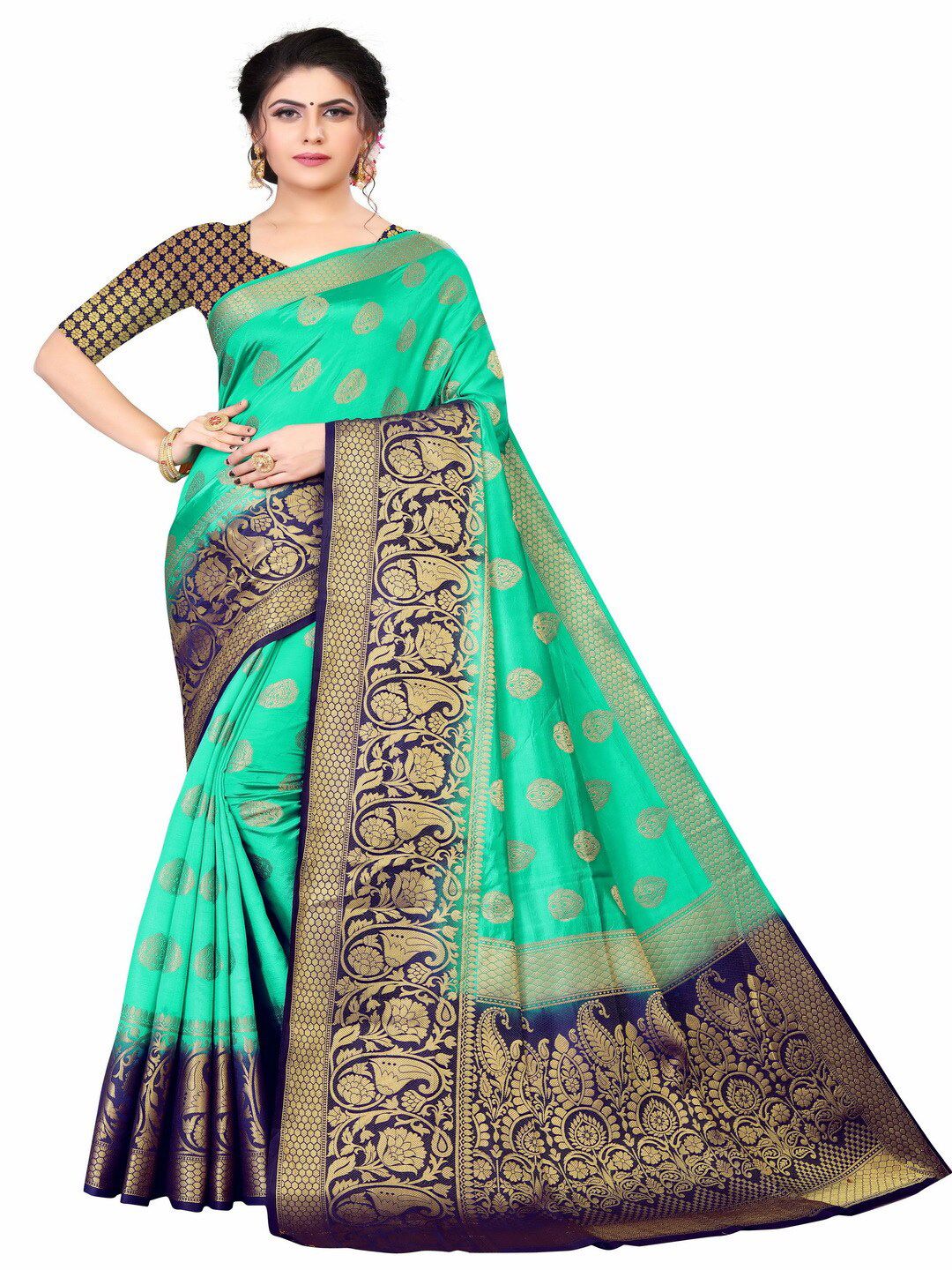 MOKSHA DESIGNS Green & Navy Blue Woven Design Pure Silk Banarasi Saree Price in India