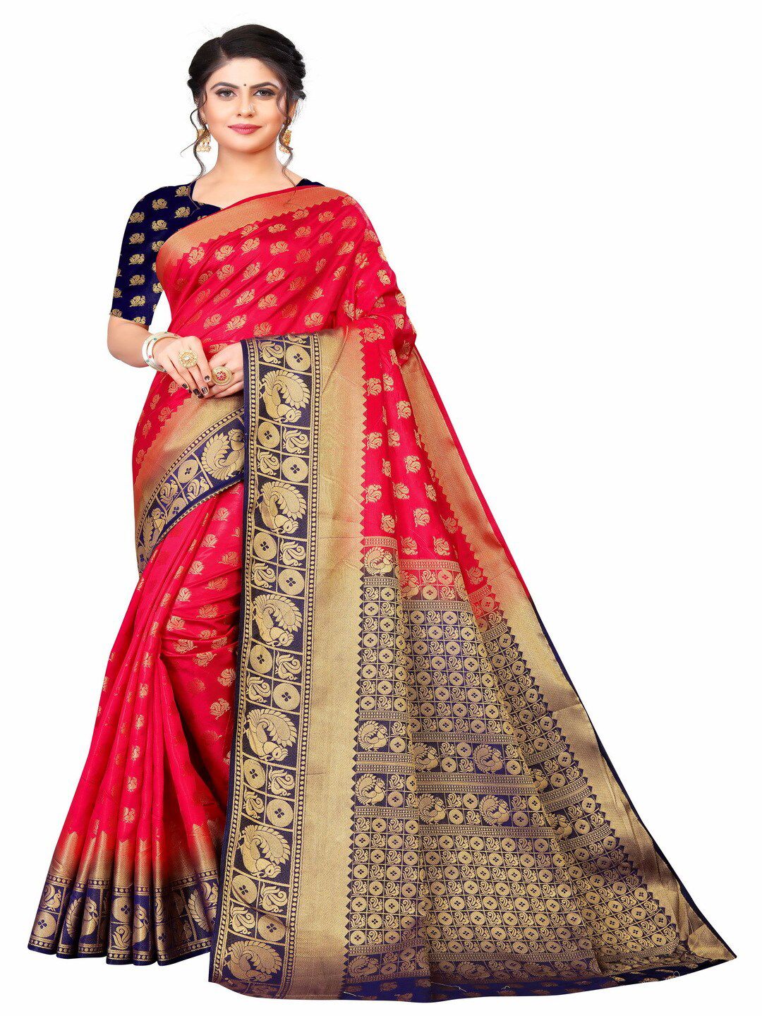 MOKSHA DESIGNS Red & Navy Blue Woven Design Zari Pure Silk Banarasi Saree Price in India