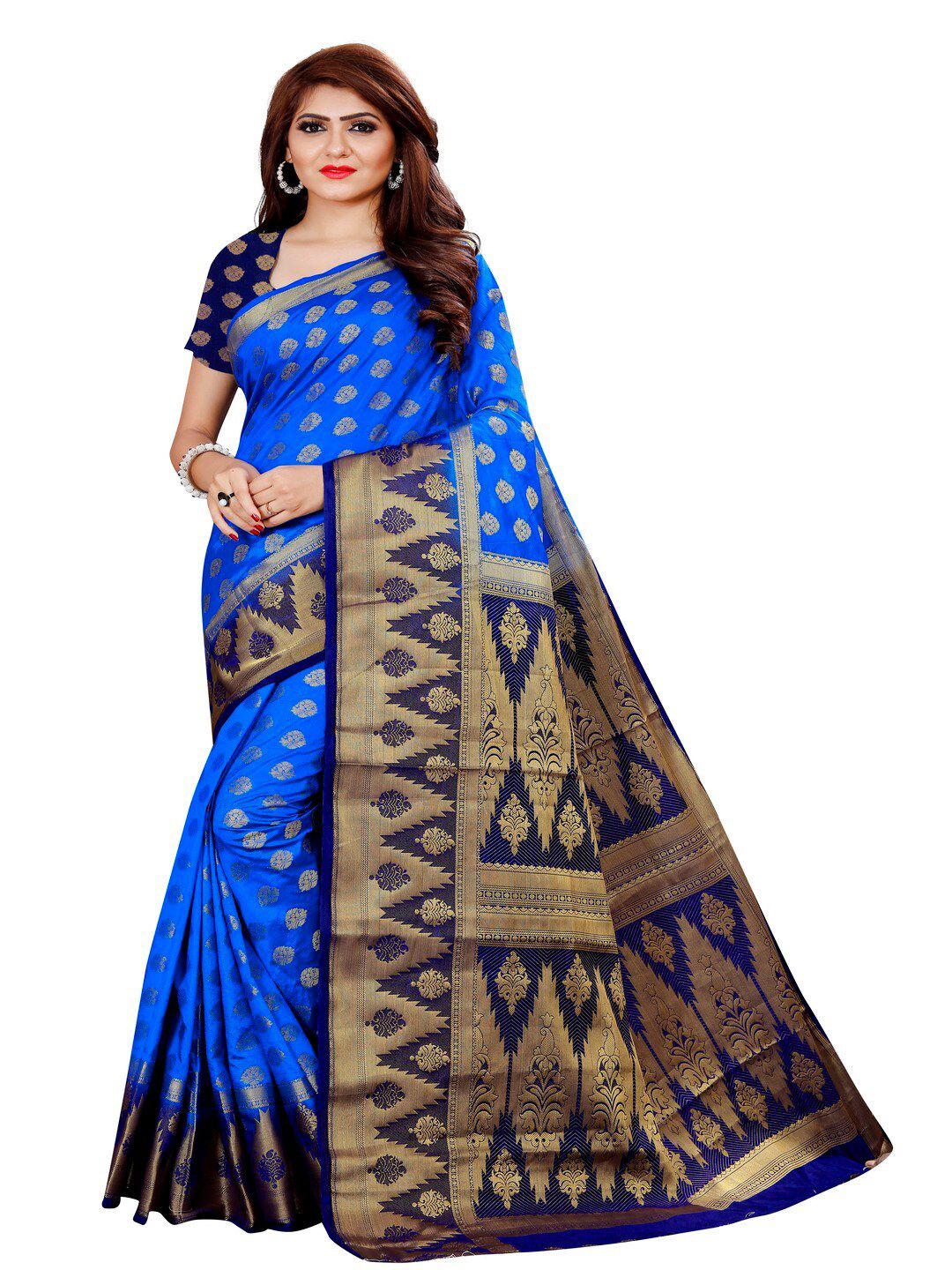 MOKSHA DESIGNS Blue & Gold-Toned Woven Design Zari Pure Silk Banarasi Saree Price in India