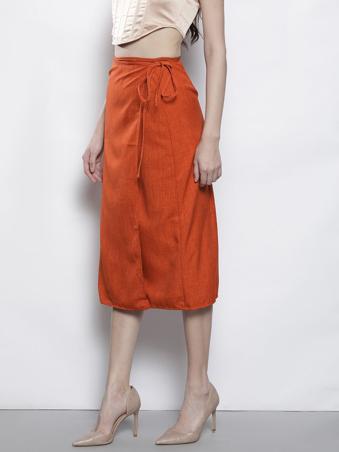 Trendyol Rust Orange Solid Casual Wrap Midi Skirt Price in India
