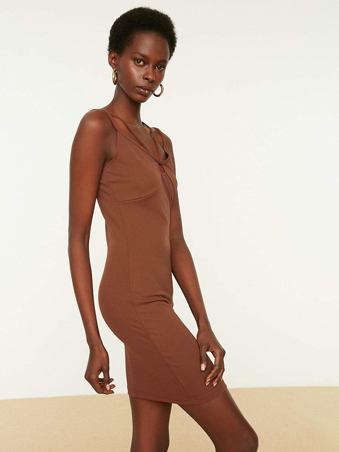 solid brown dress Solid Color V Neck Knitted Bodycon Maxi Dress – AROLORA main image 1