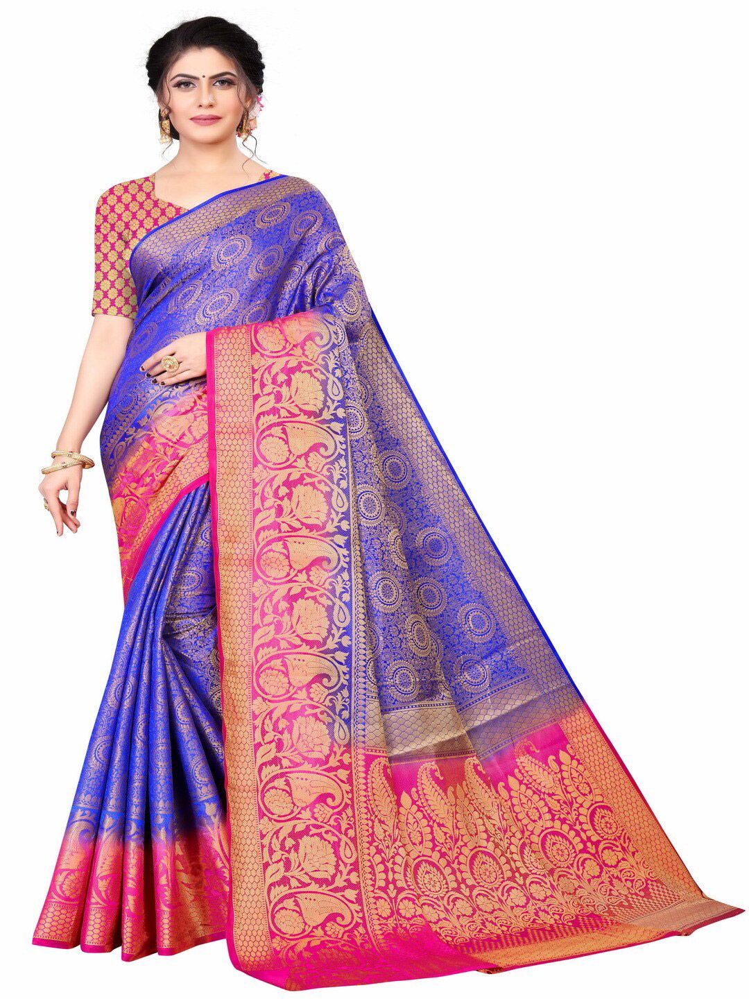 MOKSHA DESIGNS Blue & Pink Woven Design Zari Pure Silk Banarasi Saree Price in India