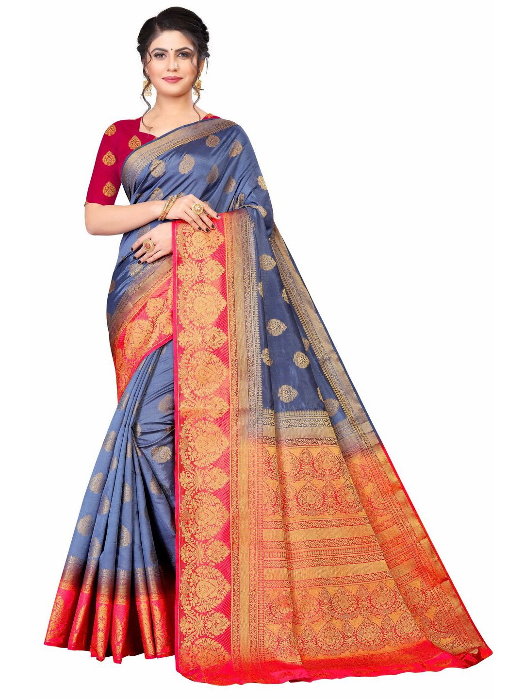 MOKSHA DESIGNS Blue & Red Woven Design Zari Pure Silk Banarasi Saree Price in India