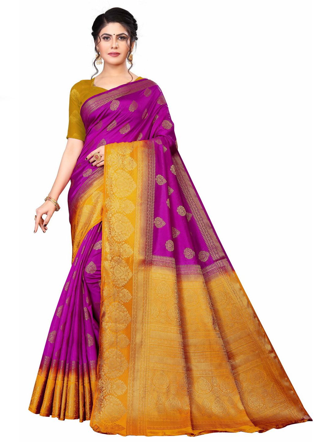 MOKSHA DESIGNS Purple & Yellow Woven Design Zari Pure Silk Banarasi Saree Price in India