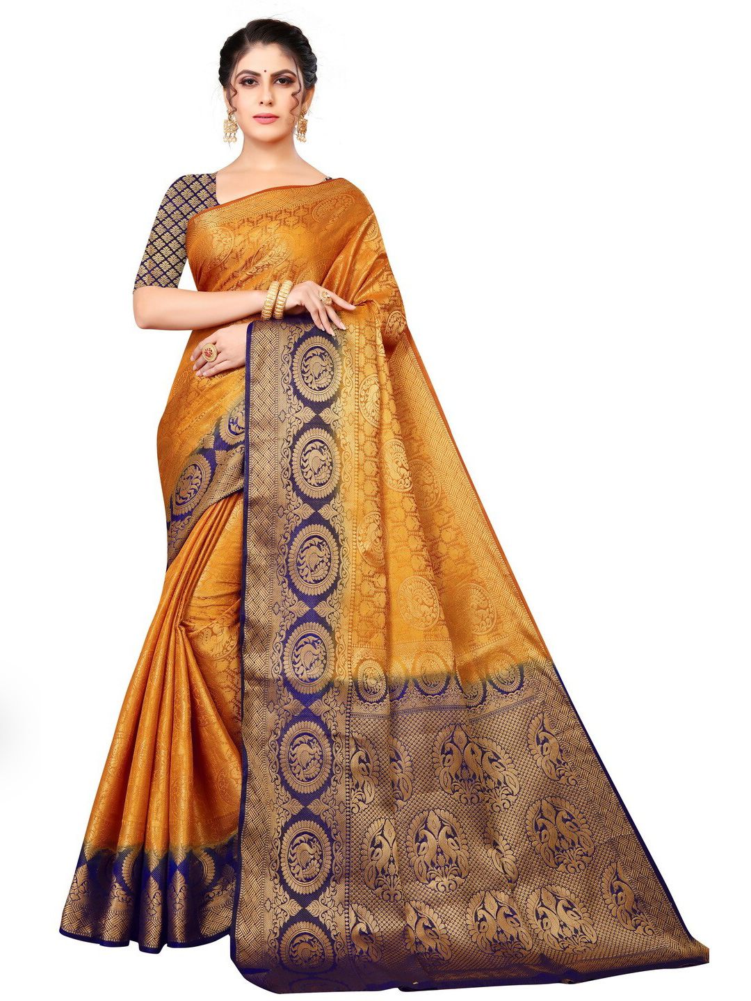 MOKSHA DESIGNS Yellow & Blue Woven Design Zari Pure Silk Banarasi Saree Price in India