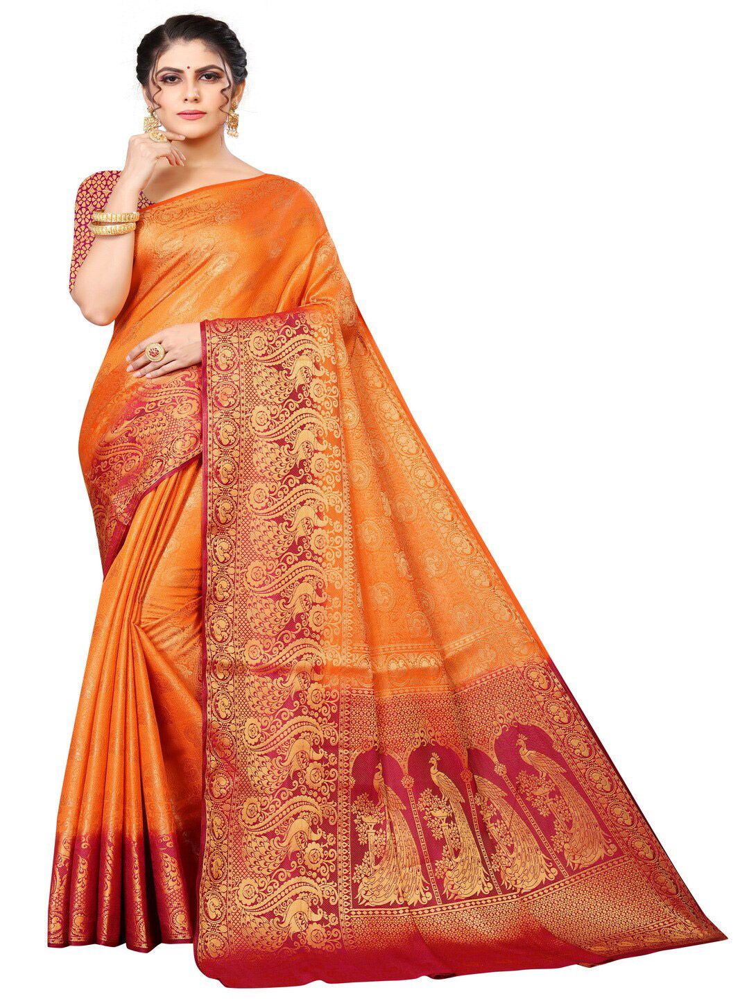 MOKSHA DESIGNS Orange & Purple Ethnic Motifs Zari Pure Silk Banarasi Saree Price in India