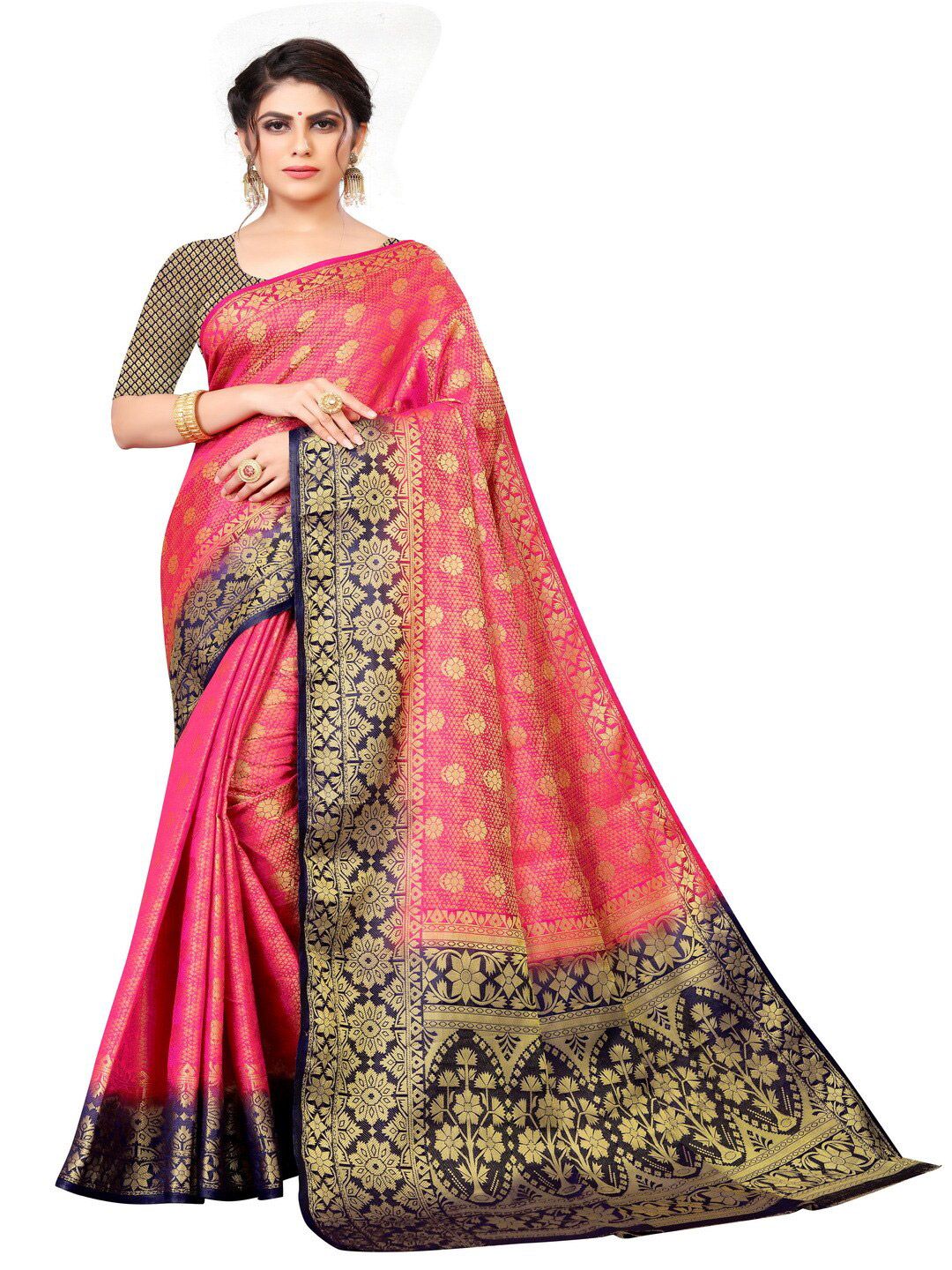 MOKSHA DESIGNS Pink & Navy Blue Woven Design Zari Pure Silk Banarasi Saree Price in India