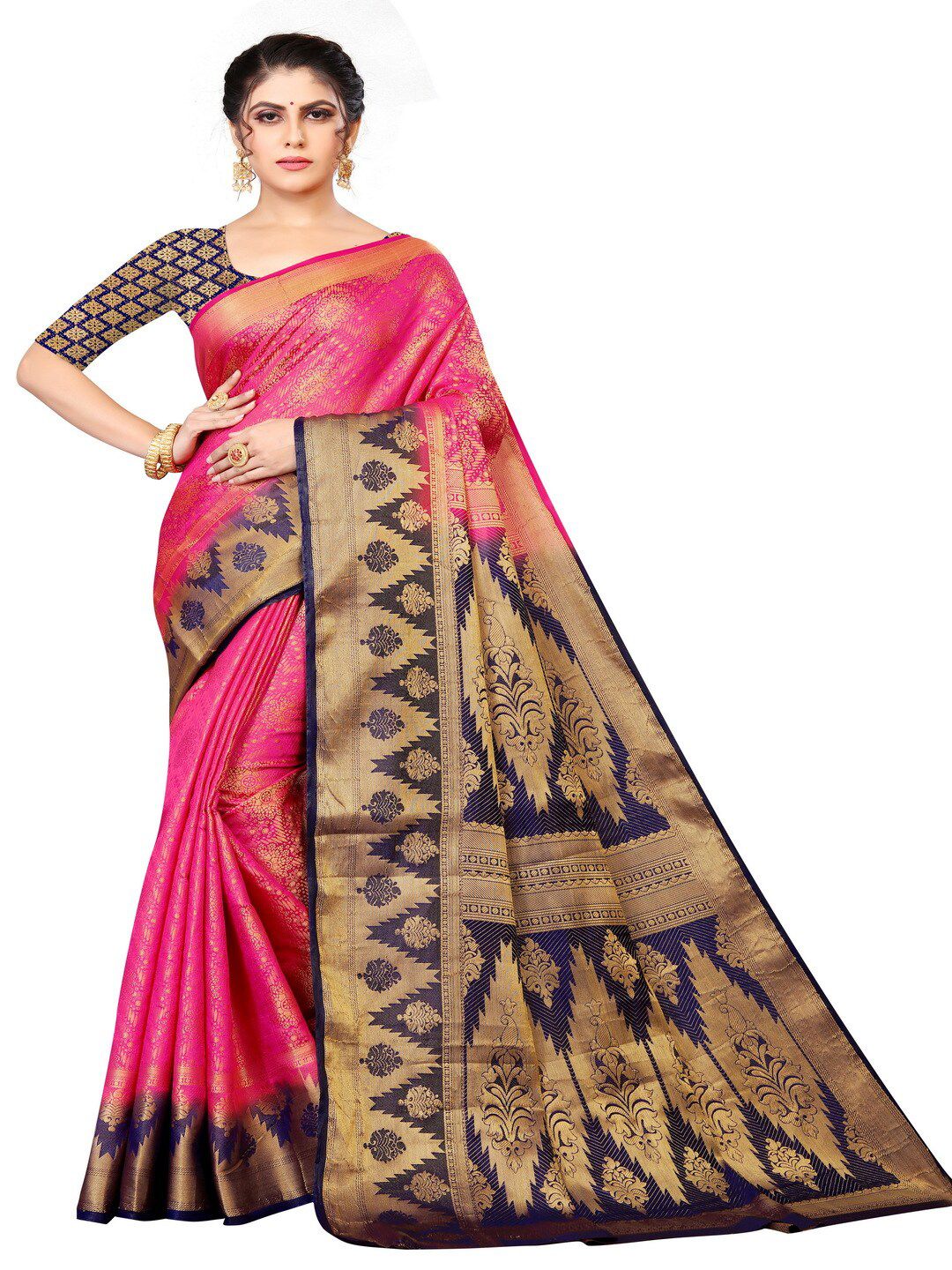 MOKSHA DESIGNS Pink & Blue Woven Design Zari Pure Silk Banarasi Saree Price in India