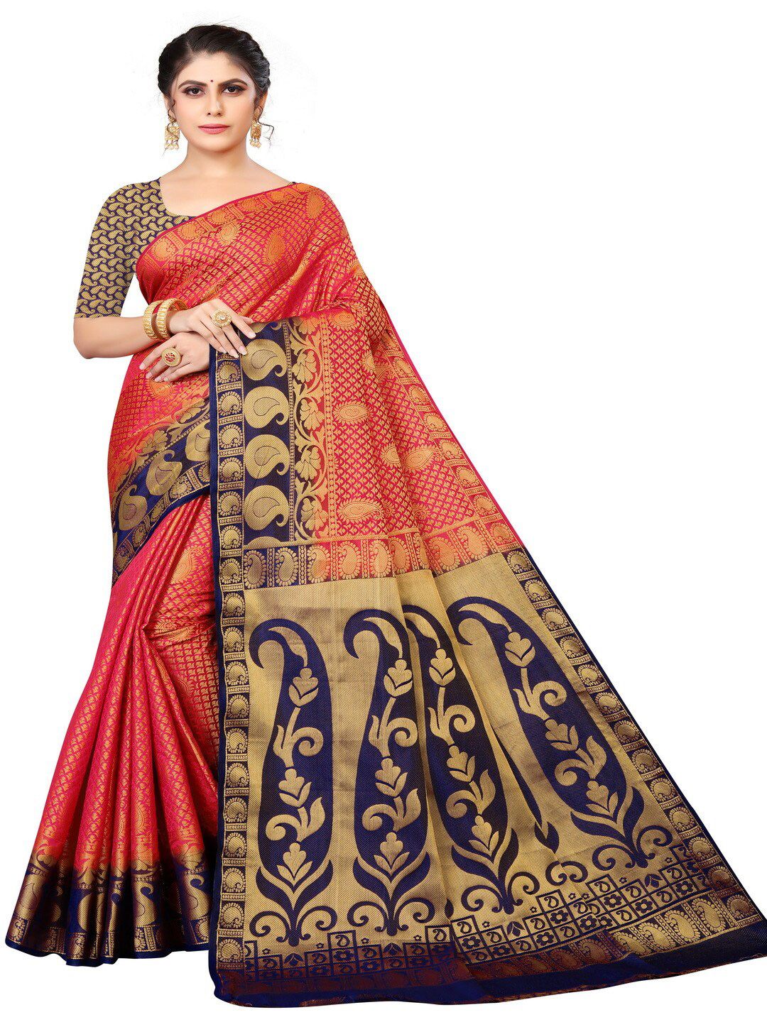MOKSHA DESIGNS Red & Navy Blue Ethnic Motifs Zari Pure Silk Banarasi Saree Price in India