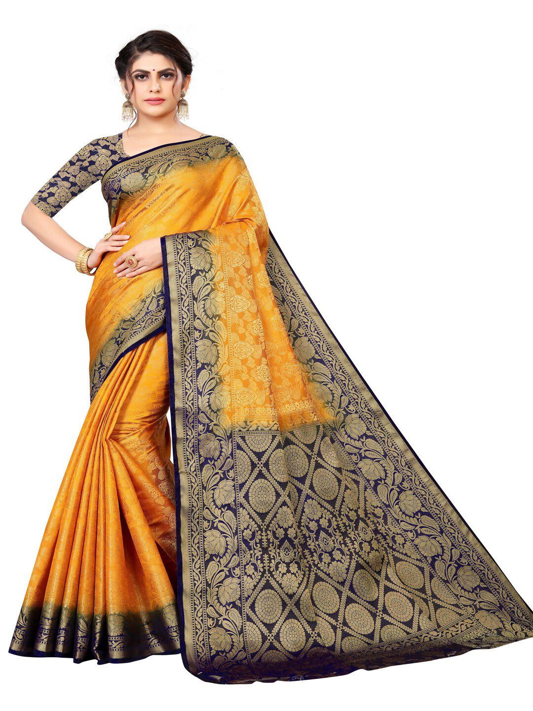 MOKSHA DESIGNS Yellow & Blue Woven Design Zari Pure Silk Banarasi Saree Price in India