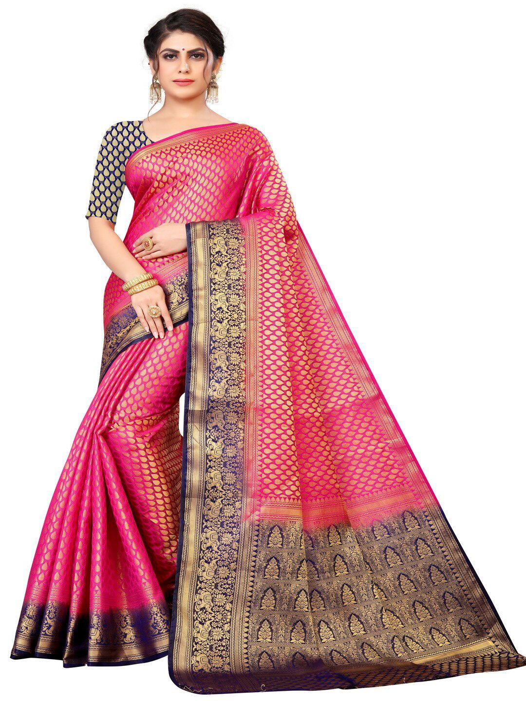 MOKSHA DESIGNS Pink & Navy Blue Woven Design Zari Pure Silk Banarasi Saree Price in India