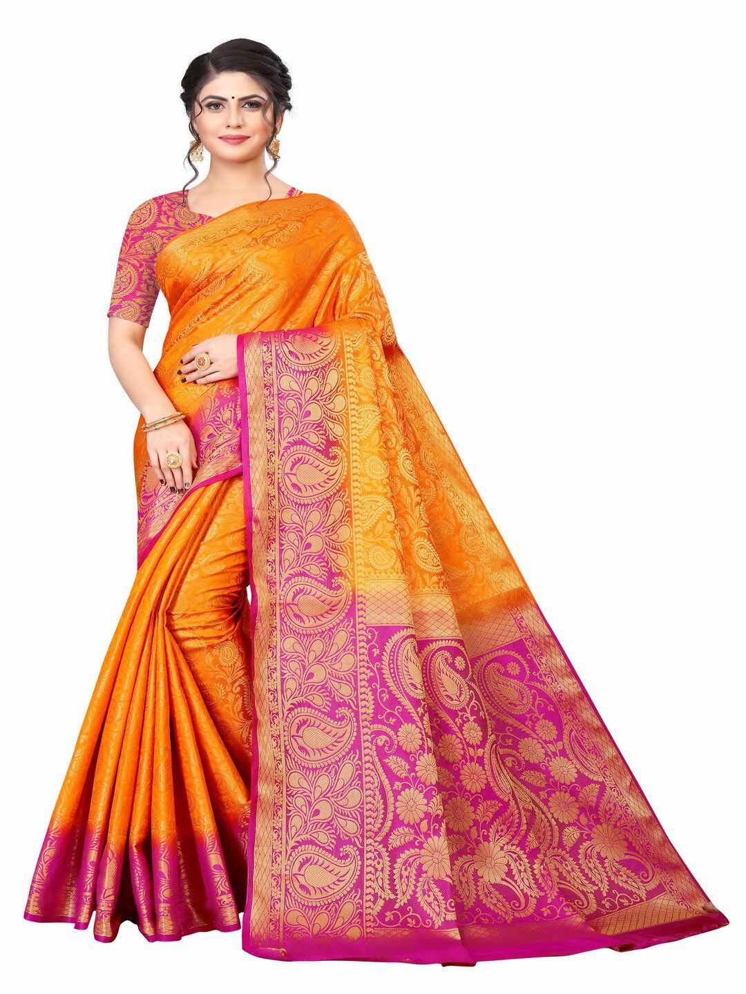 MOKSHA DESIGNS Orange & Pink Woven Design Zari Pure Silk Banarasi Saree Price in India